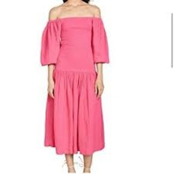 NWT Rhode Resort Harper Printed Smocked Midi Dress Size M Hot Pink Puff Sleeves - Picture 1 of 11